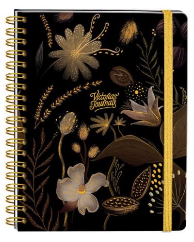 Caiet Victoria's Journals Florals - Auriu și negru, copertă rigidă, cu puncte, 96 de foi, format A5 - 1