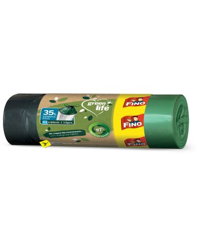 Saci de gunoi cu cravate  Fino - Green Life, 35 L, 15 buc, verde - 1