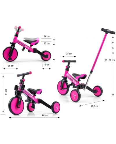 Triciclu cu control parental 4 în 1 Milly Mally - Optimus Plus, roz - 10