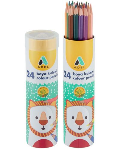 Creioane colorate Adel - 24 culori, lungi, în tub metalic - 1