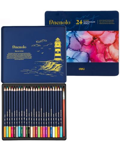 Creioane colorate pentru acuarelă Deli Finenolo - EC129, 24 culori, în cutie metalică - 1