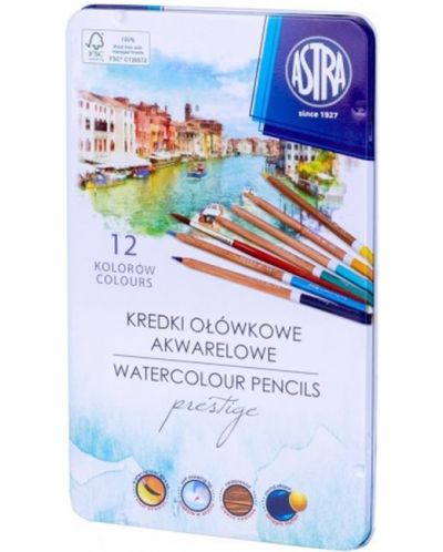 Creioane colorate Astra - acuarela, 12 bucati, in cutie metalica - 1