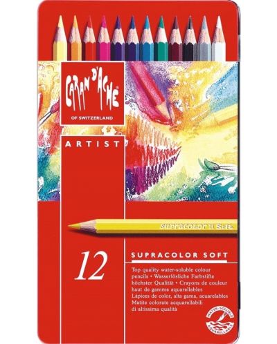 Creioane acuarelă Caran d'Ache Supracolor - 12 culori, cutie metalică - 1