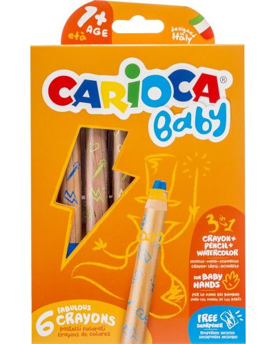 Set creioane colorate Carioca Baby 3 in 1 - 6 culori, cu ascutitoare cadou - 1