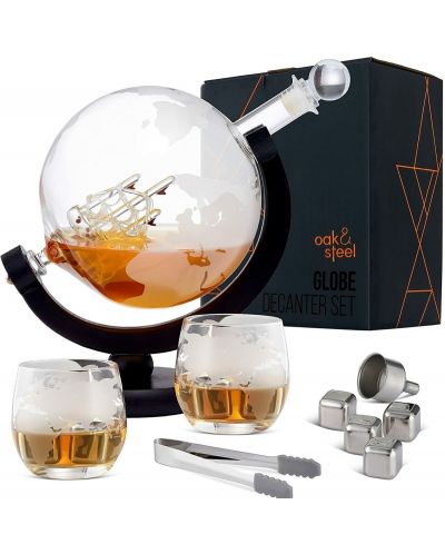 Set de whisky Oak & Steel - Глобус, carafă cu 2 pahare si accesorii - 1