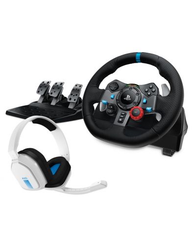 Volan cu pedale și căști Logitech - G29 Driving Force, Astro A10, PS5/PS4, albe - 1