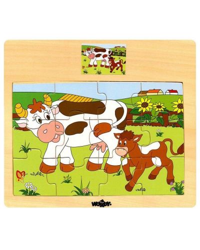 Puzzle Woody - Animale domestice - vacă și vițel - 1