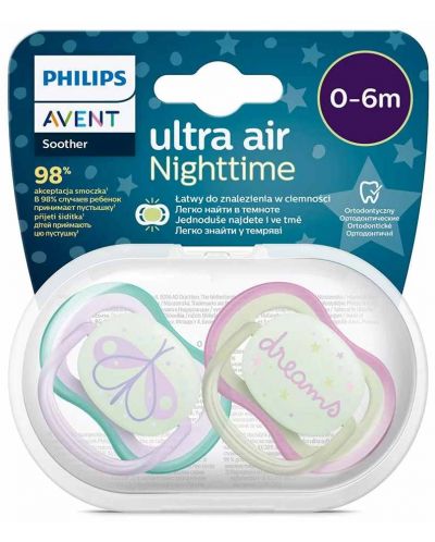Suzete Philips Avent - Ultra Air Night, 0-6 m, 2 bucăți, inscripție cu fluturi și vise - 6