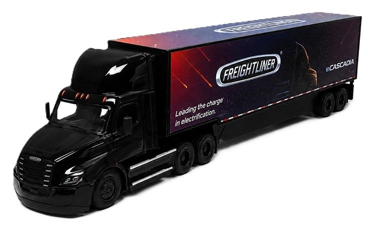 Jucărie pentru copii Kinsmart - Camion metalic Freightliner eCascadia cu container, 1:62, negru - imagine 1