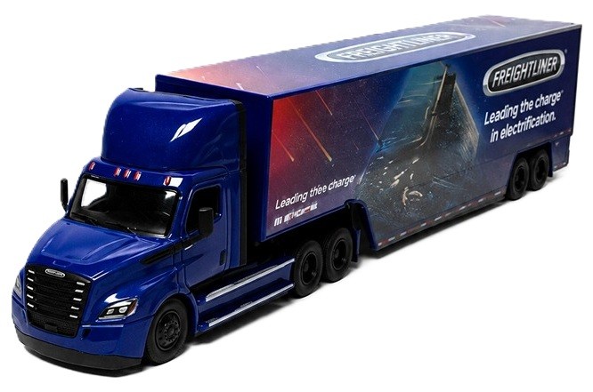 Jucărie pentru copii Kinsmart - Camion metalic Freightliner eCascadia cu container, 1:62, albastru - imagine 1