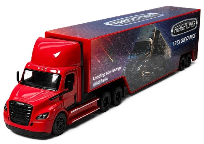 Jucărie pentru copii Kinsmart - Camion metalic Freightliner eCascadia cu container, 1:62, roșu - imagine 1