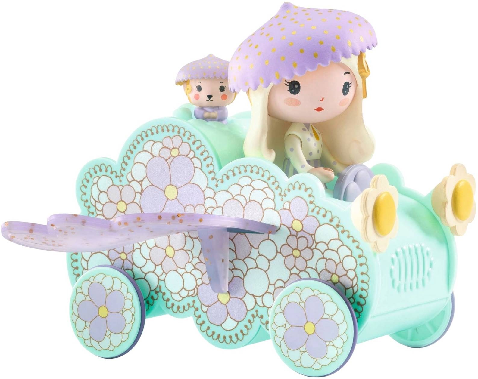 Set de figurine Djeco Tinyly - Jill și Jerry cu mașina lor zburătoare - imagine 1