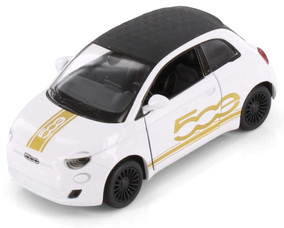 Mașinuță metalică Kinsmart Livery Edition - Fiat 500e, 1:28, alb