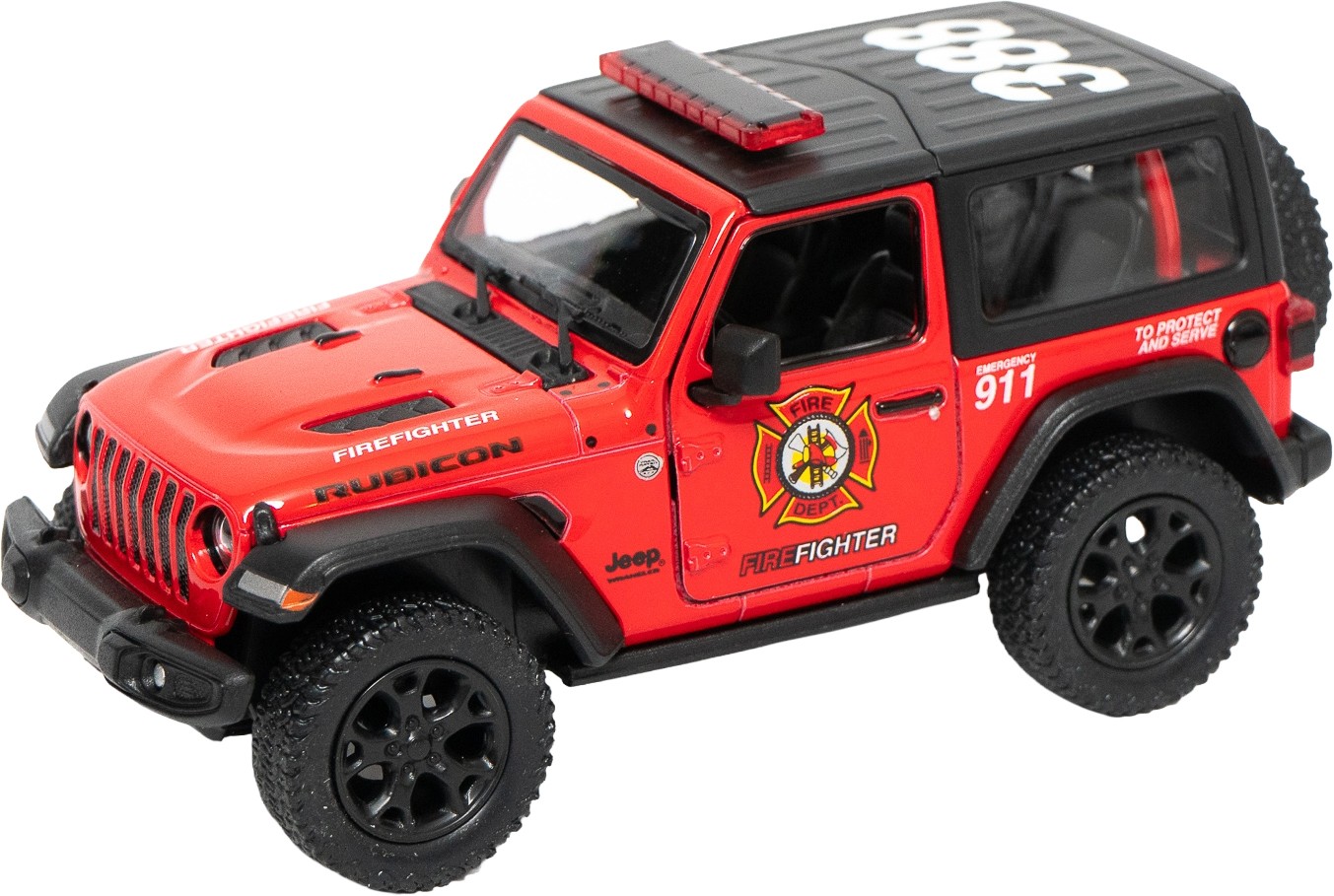 Mașinuță metalică Kinsmart Firefighter Edition - 2018 Jeep Wrangler Rubicon, 1:34, roșu