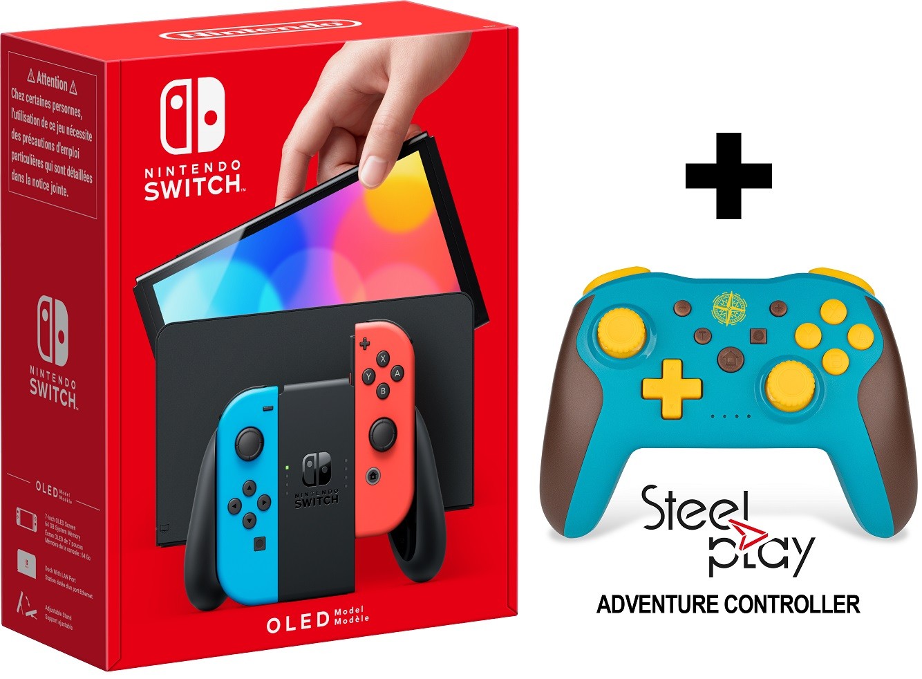 Nintendo Switch OLED - Red & Blue + Steelplay Adventure Wireless Controller  Bundle