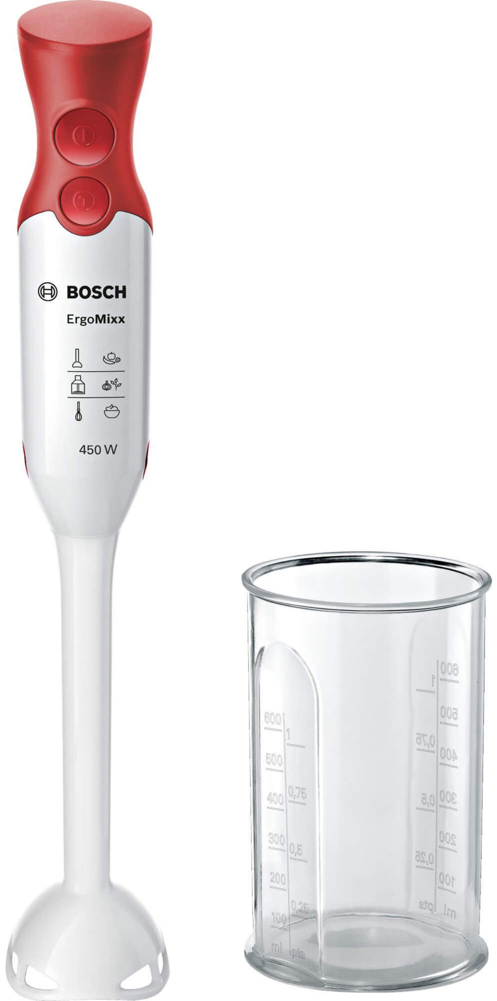 Blender de mână Bosch - ErgoMixx MSM64010, 450W, 2 viteze, alb/roșu - imagine 1