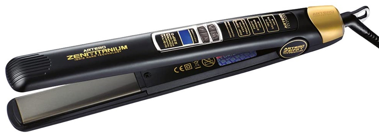 Placă de îndreptat părul profesional cu keratină Artero -Zent Titanium, 230°С, acoperire din titan, negru/auriu
