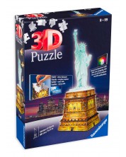 3D Puzzle Ravensburger din 108 de piese - Statuia Libertatii noaptea, luminos -1