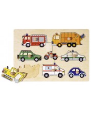 Puzzle din lemn cu manere Goki - Mijloace de transport, masini civile -1