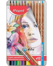 Creioane acuarele Maped Water Artist - 12 culori,  in cutie metalica	 -1