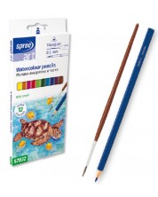 Creioane colorate acuarela SpreeArt - Triunghiulare, Ø 3 mm, 12 culori + perie
