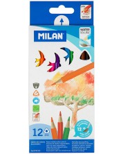 Creioane acuarele colorate Milan - Triangular, 12 culori + pensula -1