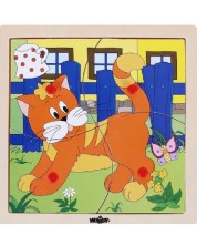 Puzzle din lemn Woody - Trenul vesel, pisicuta, 4 piese