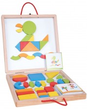 Set educativ Lelin - Forme si culori magnetice din lemn, in cufar