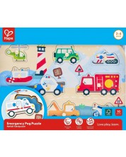 Puzzle educativ din lemn Hape - Emergency Vehicles Peg Puzzle, 9 piese