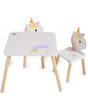 Set din lemn Moni Toys - Masa si doua scaune, unicorn -1