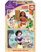 Puzzle de lemn pentru copii Educa din 2 x 50 de piese - Printesele Disney: Vaiana si Alba ca Zapada