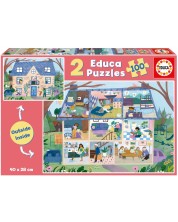 Puzzle pentrucopii Educa din 2 x 100 de piese - Casa în exterior și interior