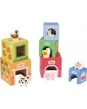 Set pentru copii Lelin Toys - Cuburi de carton cu animale din lemn