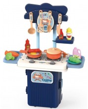 Bucătărie pentru copii în valiză Raya Toys – 4 în 1, albastră, 19 piese - imagine 1