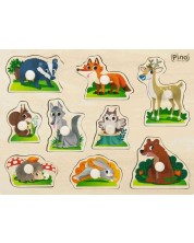 Puzzle din lemn pentru copii Pino - Animale de padure, cu manere, 9 piese