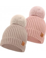 Pălărie de iarnă pentru copii cu pompon KeaBabies - 6-36 luni, roz, 2 buc. -1