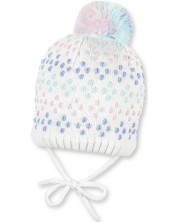Pălărie tricotată pentru copii cu ciucuri Sterntaler - 39 cm, 3-4 luni, albă -1