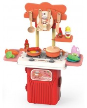 Bucătărie pentru copii în valiză Raya Toys – 4 în 1, roșie, 19 piese