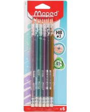 Creioane grafit Maped - Glitter, HB, cu gumă de șters, 6 bucăți