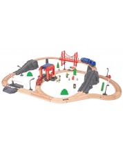 Set de joc Tooky Toy - Tren din lemn cu șine și mașini de salvare  -1