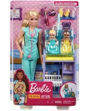 Set de joaca Mattel Barbie - Barbie pediatru cu parul blond si doua papusi -1