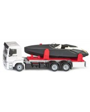 Mașinuță din metal Siku Super - Camion cu barca cu motor Frauscher 747 Mirage -1