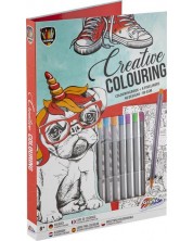 Carte de colorat Grafix Colouring - Câine, cu pixuri cu pâslă, într-un dosar