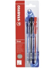 Set de stilouri Stabilo Liner - F, 3 bucăți, roșu, albastru și negru