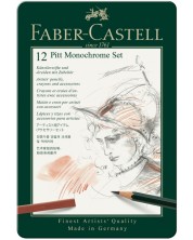 Set de creioane Faber-Castell Pitt Monochrome - 12 bucăți, în cutie metalică