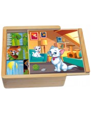 Cubulete Ts Toys - Puzzle de lemn cu 6 imagini in cutie din lemn -1