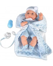 Papusa bebe Moni - Cu paturica albastra si accesorii, 36 cm