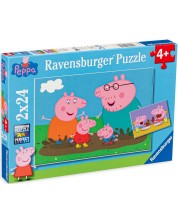 Puzzle Ravensburger 2 x 24 piese - Peppa Purcelusul  si familia fericita