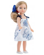 Papusa aola Reina Mini Amigas - Valeria, cu rochie alba cu motive albastre, 21 cm