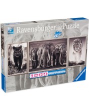 Puzzle Ravensburger din 1000 de piese - Pantera, leu și elefant